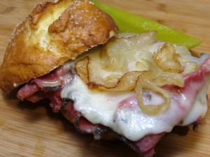 Pretzel Bread Rolls with Pastrami and Provolone