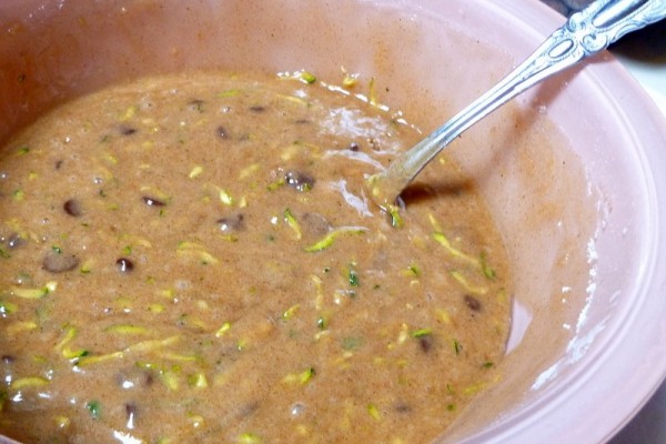 Combining wet and dry ingredients for Zucchini Bread with Chocolate Chips
