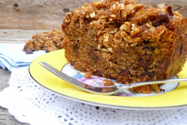 Large piece of Zucchini Bread with Chocolate Chips on yellow plate