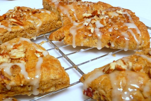 Sweet Potato Pecan Scones drizzled with maple glaze