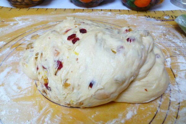 Fruit and nuts kneaded into the dough