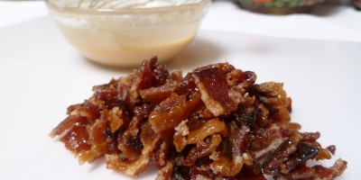 Candied Bacon Bits and Peanut Butter Glaze