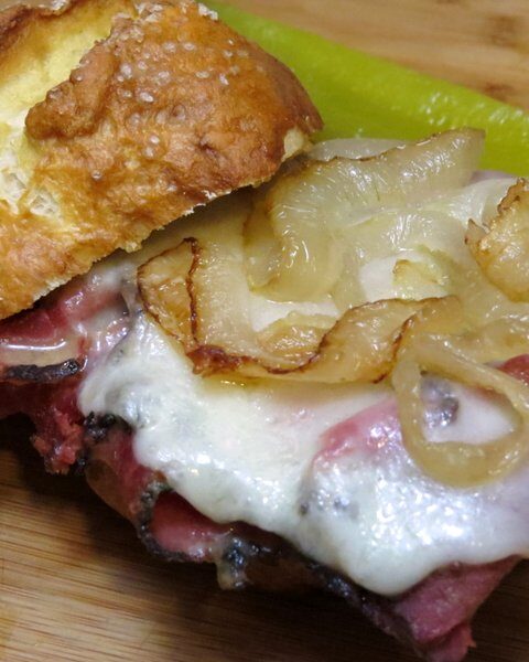 Pretzel Bread Rolls with Pastrami and Provolone