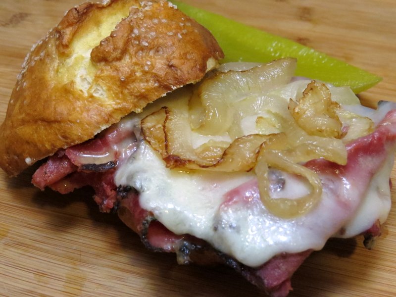 Pretzel Bread Rolls with Pastrami and Provolone