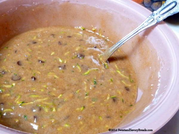 Combining wet and dry ingredients for Zucchini Bread with Chocolate Chips