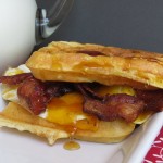 Waffle Sandwich with eggs, bacon and cheese. #breakfast inbed