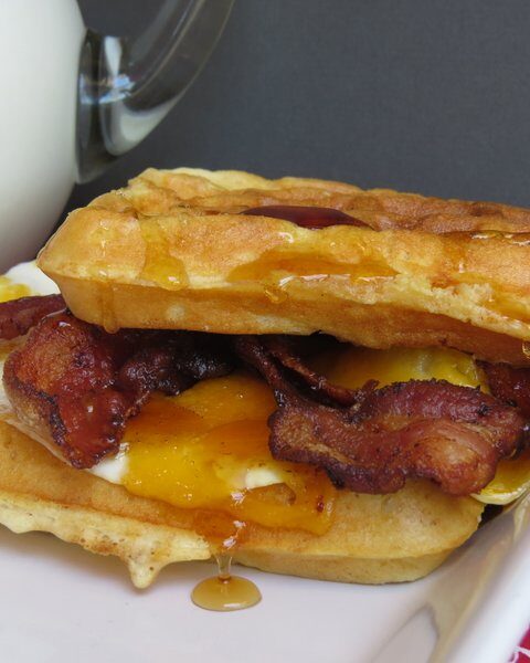 Waffle Sandwich with eggs, bacon and cheese. #breakfast inbed