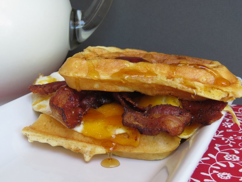 Waffle Sandwich with eggs, bacon and cheese. #breakfast inbed