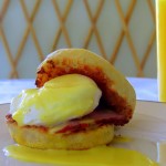 English Muffin Breakfast Sandwich with a poached egg tri-tip and hollandaise.